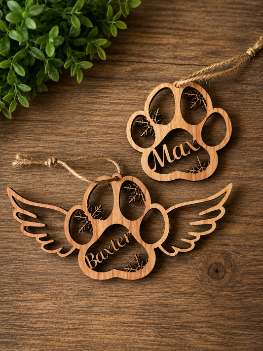 Pet Memorial Ornament | Laser Cut Wood Paw Print | Custom Pet Name | Dog Cat Ornament