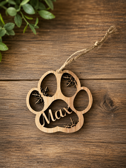 Pet Memorial Ornament | Laser Cut Wood Paw Print | Custom Pet Name | Dog Cat Ornament