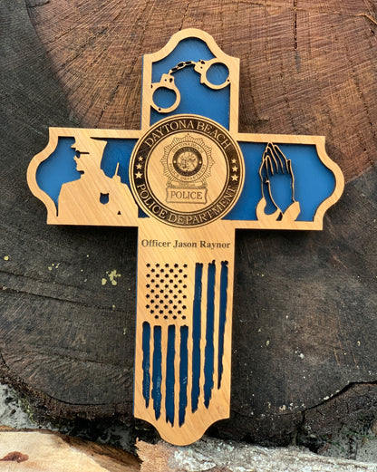 Custom Wooden Police Cross | Personal Badge Engraved | Law Enforcement Gift
