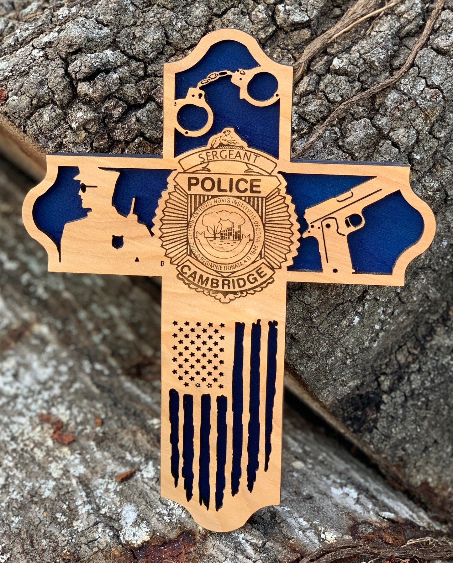 Custom Wooden Police Cross | Personal Badge Engraved | Law Enforcement Gift