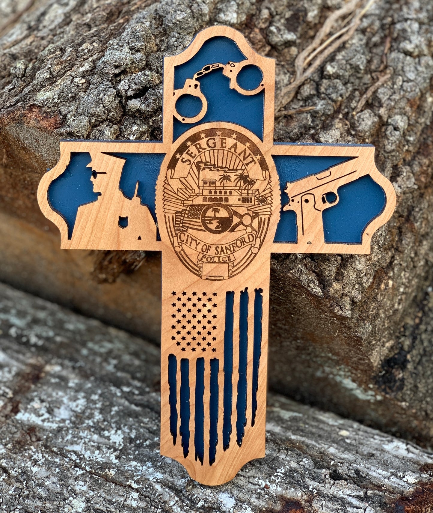 Custom Wooden Police Cross | Personal Badge Engraved | Law Enforcement Gift