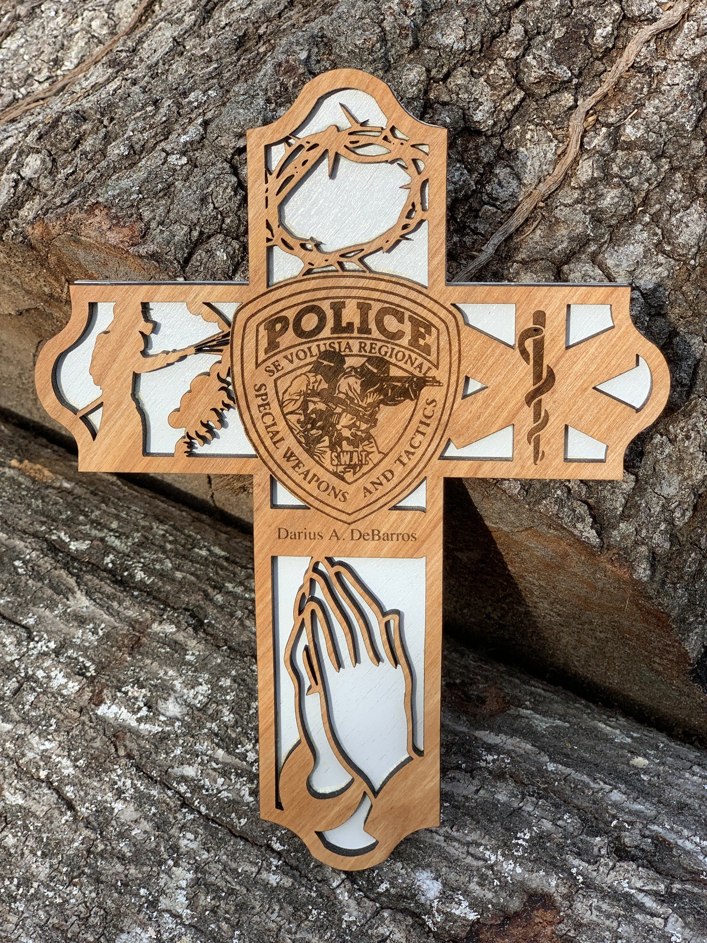Custom Wooden Police Cross | Personal Badge Engraved | Law Enforcement Gift
