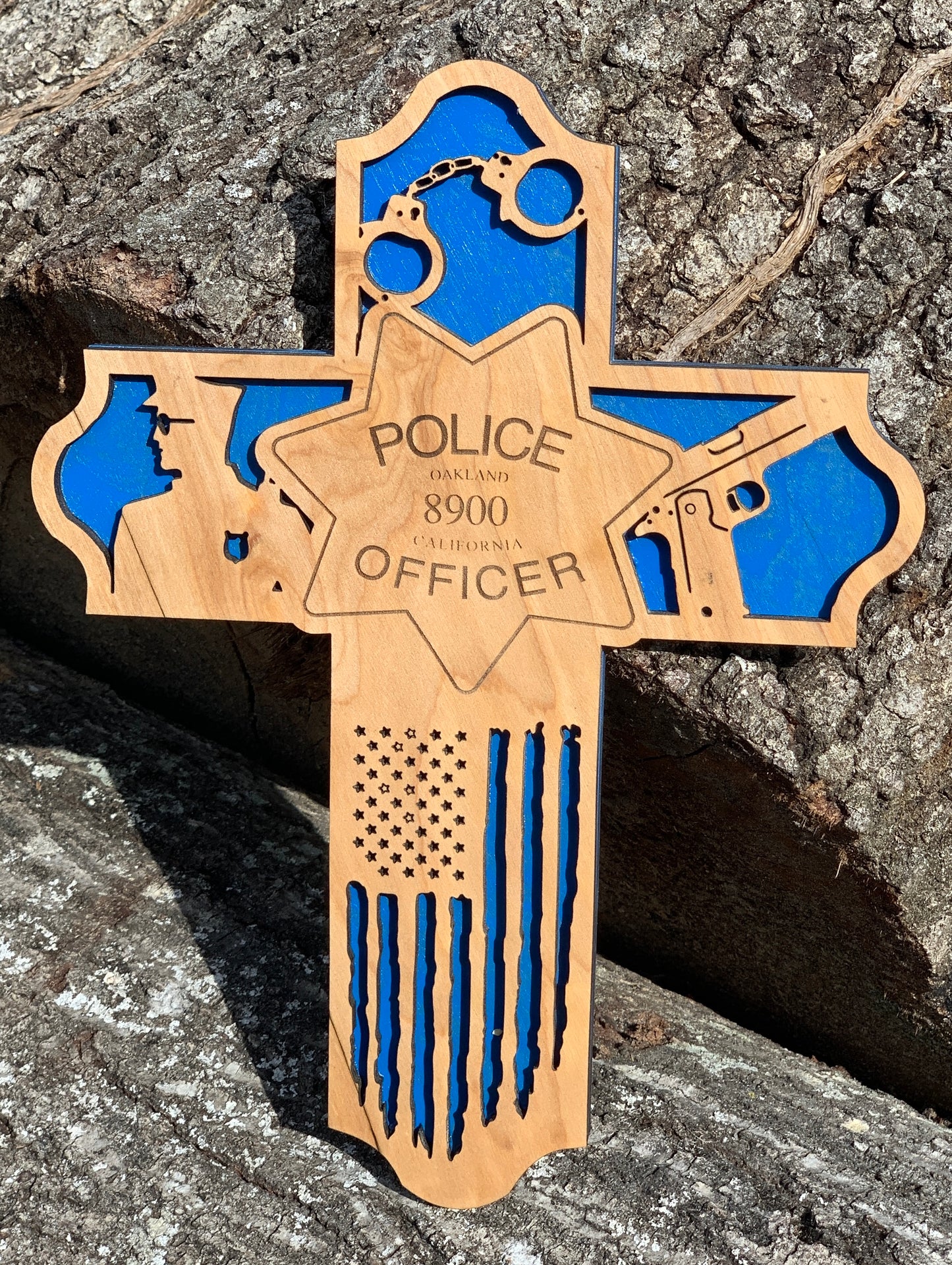Custom Wooden Police Cross | Personal Badge Engraved | Law Enforcement Gift