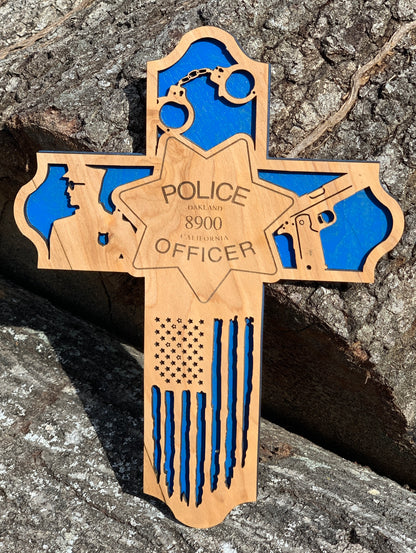 Custom Wooden Police Cross | Personal Badge Engraved | Law Enforcement Gift