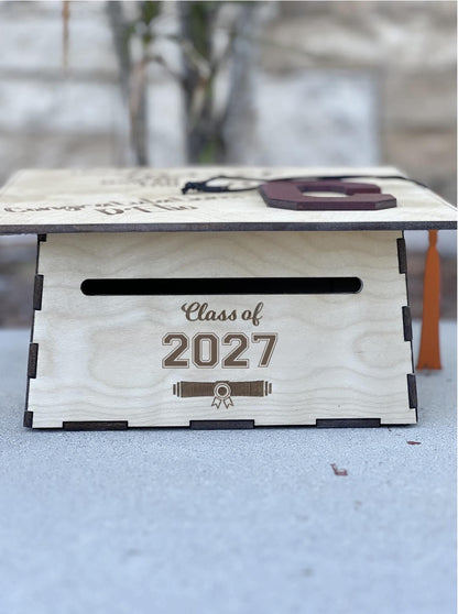 Wooden graduation cap card box shown from the side