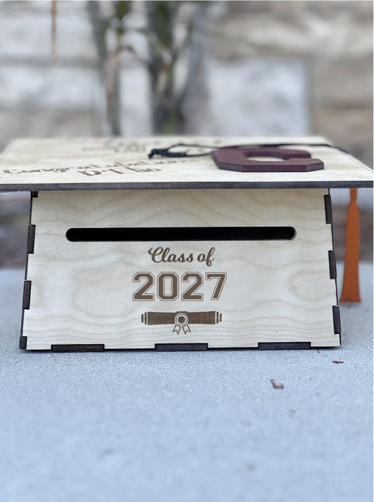 Wooden graduation cap card box shown from the side