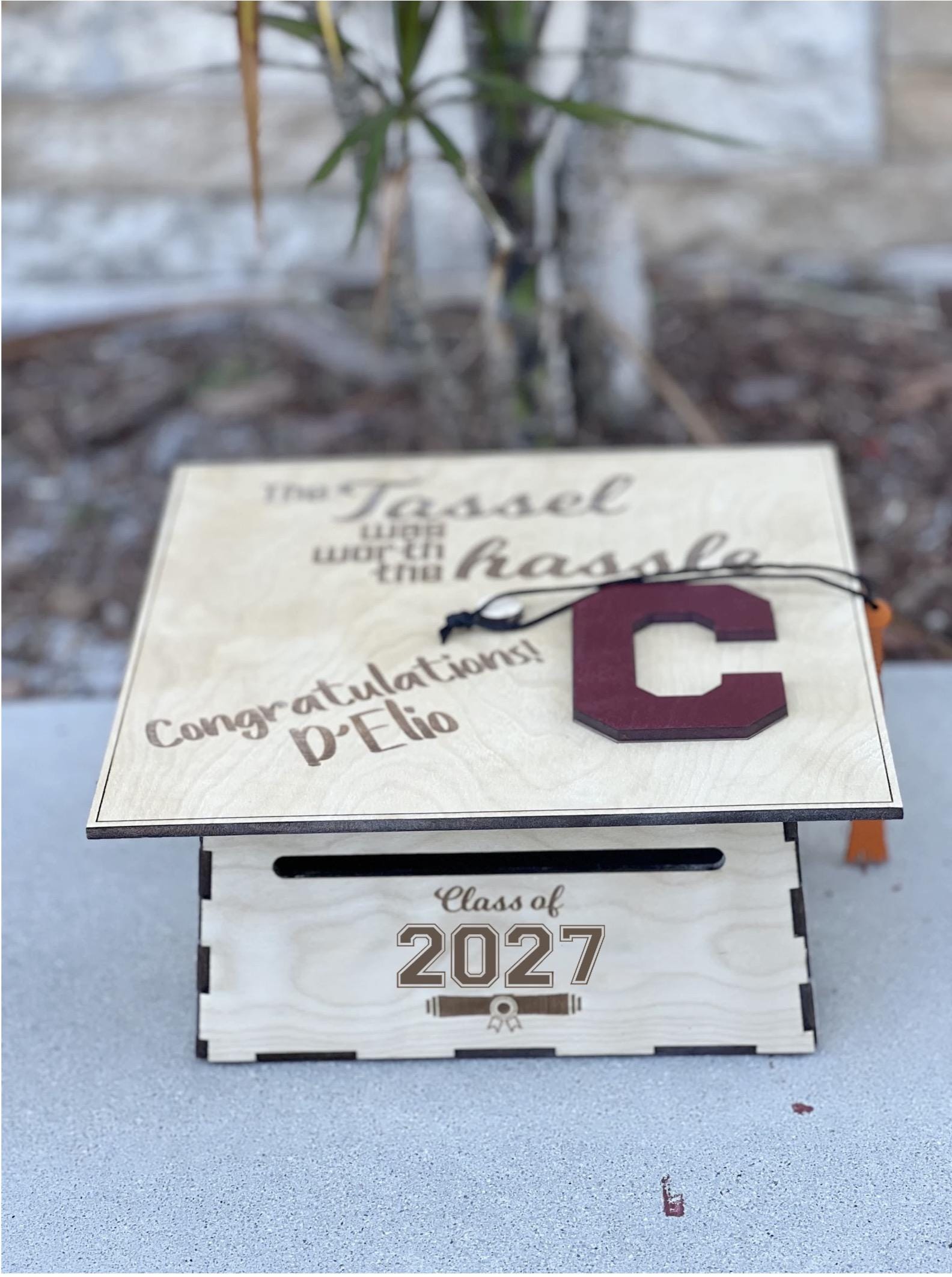Personalized graduation cap card box with school letter on top
