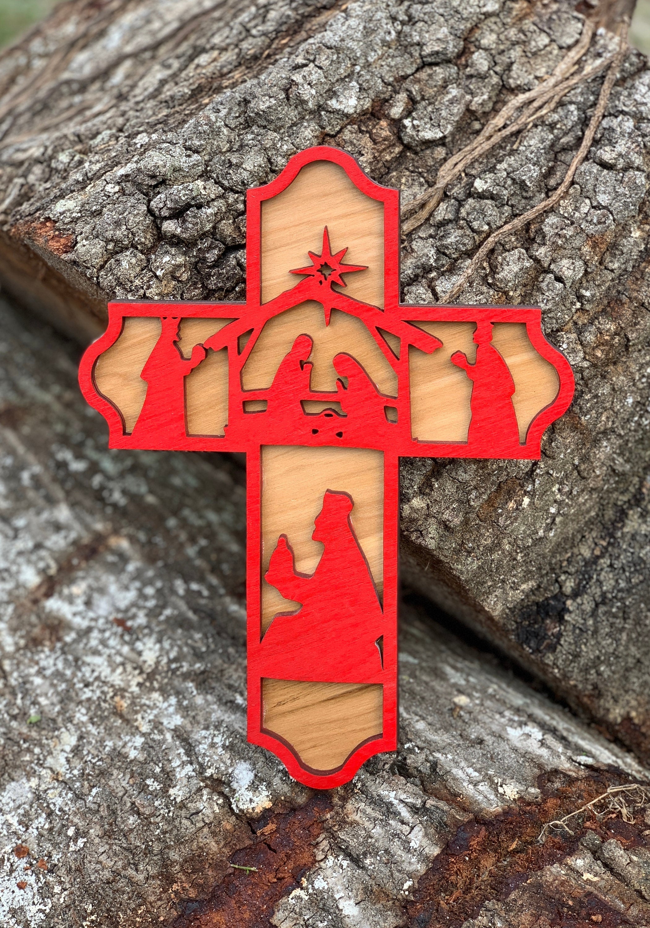 Wooden Nativity Scene Cross